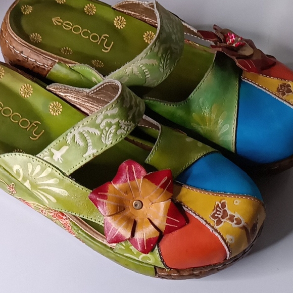 Artisan Green and Blue Mules with Floral Accents - Picture 2 of 10